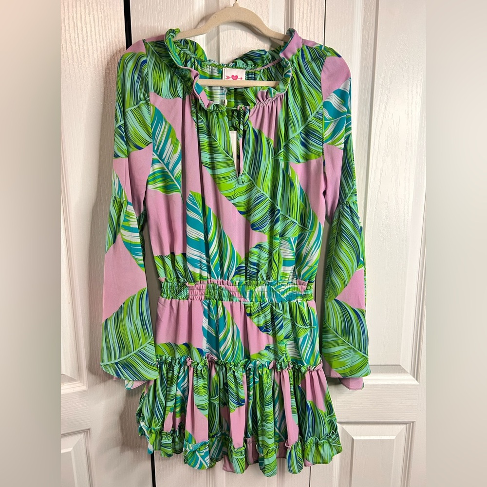 Buddy Love Women’s Tropical Print Pink Green Ruffle Mini Dress Size Medium NWT